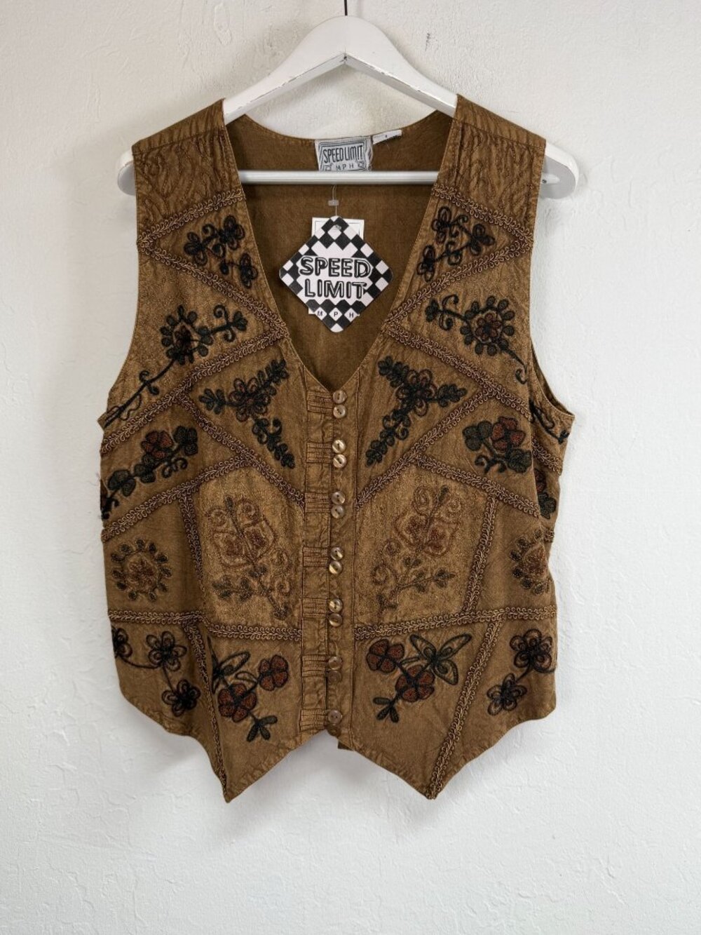 Speed Limit MPH Womens Floral Embroidered Patchwork Vest Waistcoat Large New